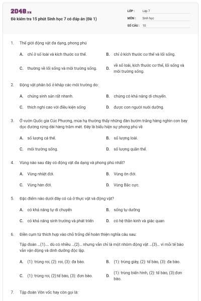 Đề kiểm tra 15 phút Sinh học 7 có đáp án (Đề 1)