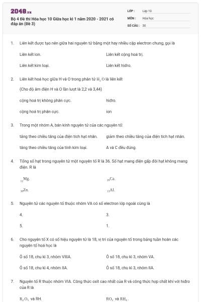 Bộ 4 Đề thi Hóa học 10 Giữa học kì 1 năm 2020 - 2021 có đáp án (Đề 3)