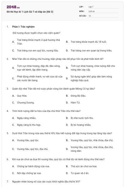 Đề thi Học kì 1 Lịch Sử 7 có đáp án (Đề 3)