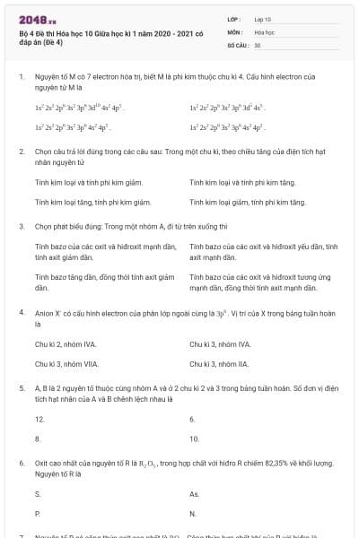 Bộ 4 Đề thi Hóa học 10 Giữa học kì 1 năm 2020 - 2021 có đáp án (Đề 4)