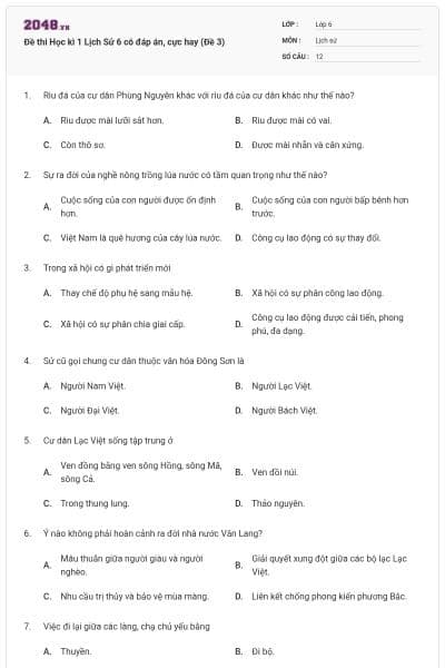 Đề thi Học kì 1 Lịch Sử 6 có đáp án, cực hay (Đề 3)
