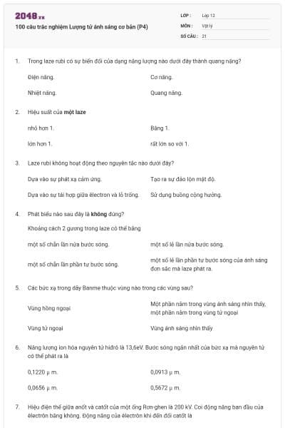 100 câu trắc nghiệm Lượng tử ánh sáng cơ bản (P4)