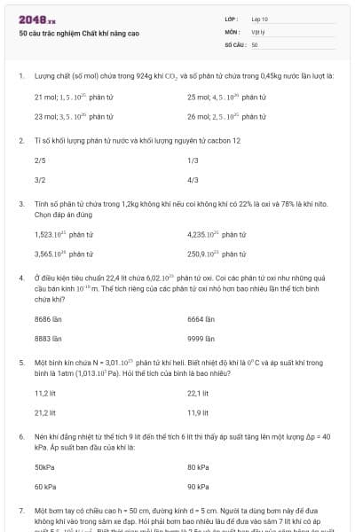 50 câu trắc nghiệm Chất khí nâng cao