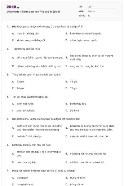 Đề kiểm tra 15 phút Sinh học 7 có đáp án (Đề 3)