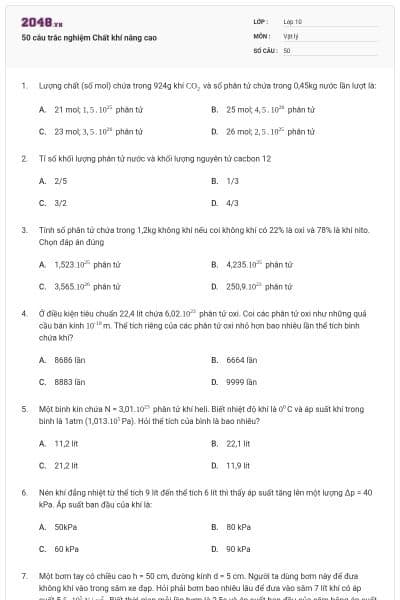 50 câu trắc nghiệm Chất khí nâng cao
