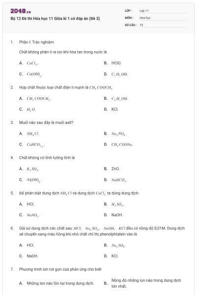 Bộ 12 Đề thi Hóa học 11 Giữa kì 1 có đáp án (Đề 3)