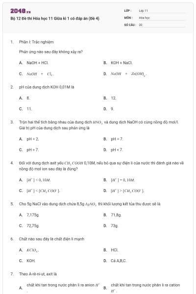 Bộ 12 Đề thi Hóa học 11 Giữa kì 1 có đáp án (Đề 4)