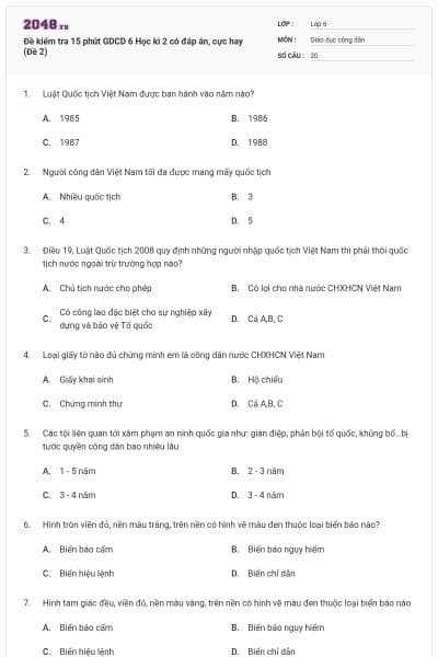 Đề kiểm tra 15 phút GDCD 6 Học kì 2 có đáp án, cực hay (Đề 2)