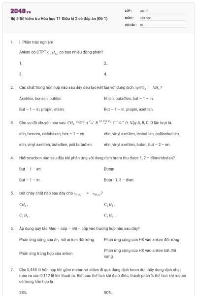 Bộ 5 Đề kiểm tra Hóa học 11 Giữa kì 2 có đáp án (Đề 1)