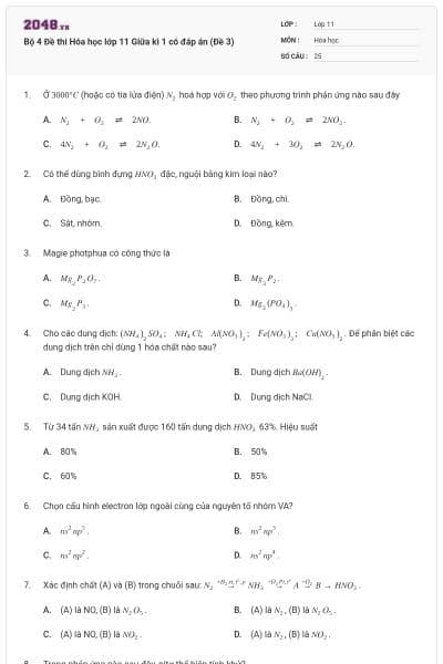 Bộ 4 Đề thi Hóa học lớp 11 Giữa kì 1 có đáp án (Đề 3)