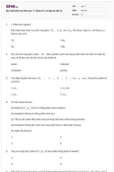 Bộ 5 Đề kiểm tra Hóa học 11 Giữa kì 2 có đáp án (Đề 2)