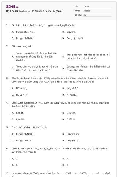 Bộ 4 Đề thi Hóa học lớp 11 Giữa kì 1 có đáp án (Đề 4)