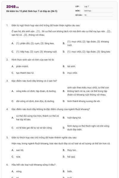 Đề kiểm tra 15 phút Sinh học 7 có đáp án (Đề 5)
