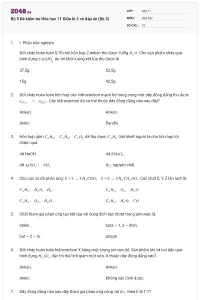 Bộ 5 Đề kiểm tra Hóa học 11 Giữa kì 2 có đáp án (Đề 3)