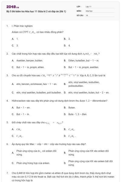Bộ 5 Đề kiểm tra Hóa học 11 Giữa kì 2 có đáp án (Đề 1)