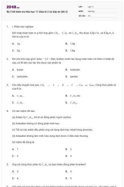 Bộ 5 Đề kiểm tra Hóa học 11 Giữa kì 2 có đáp án (Đề 2)