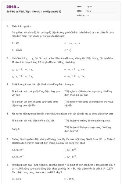 Bộ 5 Đề thi Vật Lí lớp 11 Học kì 1 có đáp án (Đề 1)