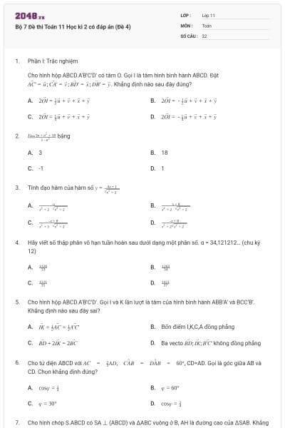 Bộ 7 Đề thi Toán 11 Học kì 2 có đáp án (Đề 4)