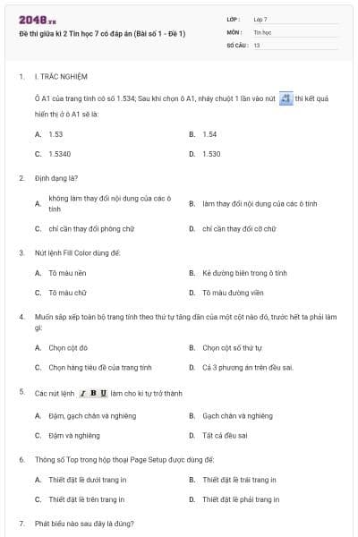 Đề thi giữa kì 2 Tin học 7 có đáp án (Bài số 1 - Đề 1)