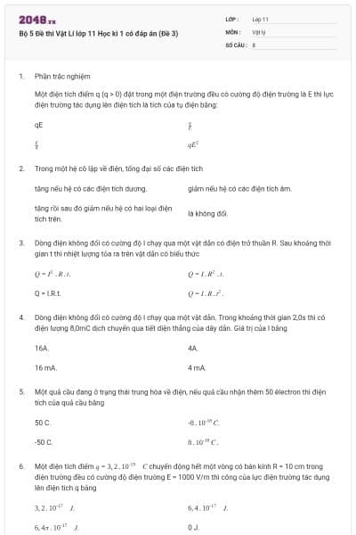 Bộ 5 Đề thi Vật Lí lớp 11 Học kì 1 có đáp án (Đề 3)