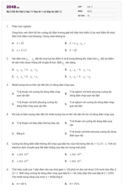 Bộ 5 Đề thi Vật Lí lớp 11 Học kì 1 có đáp án (Đề 1)