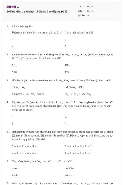 Bộ 5 Đề kiểm tra Hóa học 11 Giữa kì 2 có đáp án (Đề 4)