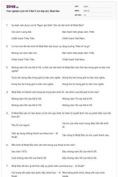 Trắc nghiệm Lịch Sử 9 Bài 9 (có đáp án): Nhật Bản
