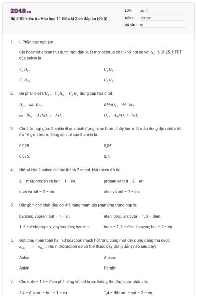 Bộ 5 Đề kiểm tra Hóa học 11 Giữa kì 2 có đáp án (Đề 5)