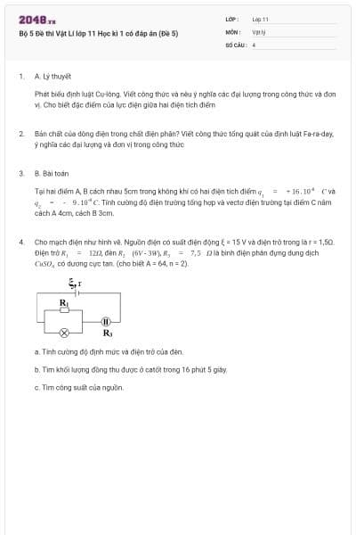 Bộ 5 Đề thi Vật Lí lớp 11 Học kì 1 có đáp án (Đề 5)