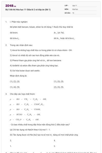 Bộ 5 Đề thi Hóa học 11 Giữa kì 2 có đáp án (Đề 1)