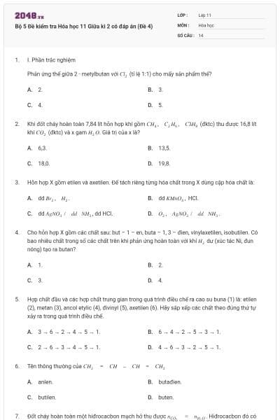 Bộ 5 Đề kiểm tra Hóa học 11 Giữa kì 2 có đáp án (Đề 4)