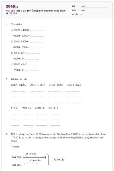 Giải VBT Toán 3 Bài 159: Ôn tập bốn phép tính trong phạm vi 100 000