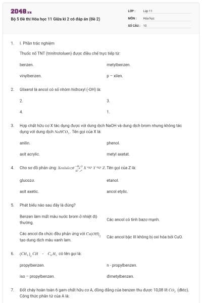 Bộ 5 Đề thi Hóa học 11 Giữa kì 2 có đáp án (Đề 2)