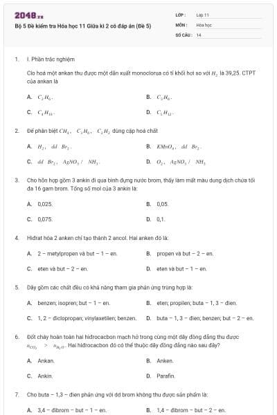 Bộ 5 Đề kiểm tra Hóa học 11 Giữa kì 2 có đáp án (Đề 5)