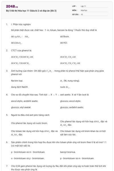 Bộ 5 Đề thi Hóa học 11 Giữa kì 2 có đáp án (Đề 3)