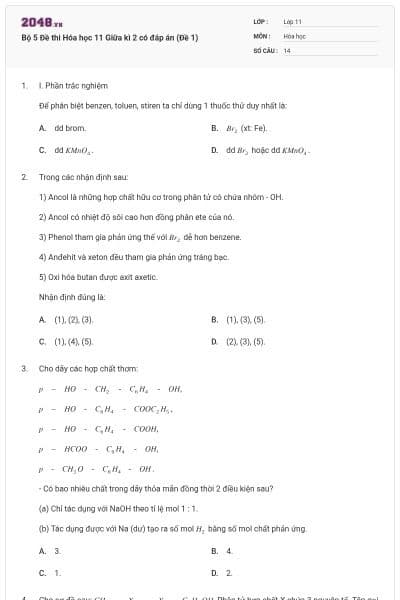 Bộ 5 Đề thi Hóa học 11 Giữa kì 2 có đáp án (Đề 1)