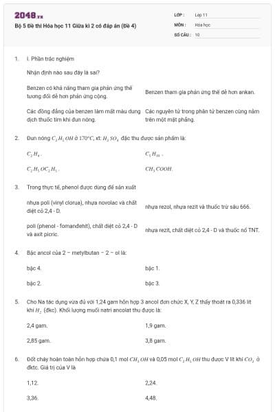 Bộ 5 Đề thi Hóa học 11 Giữa kì 2 có đáp án (Đề 4)