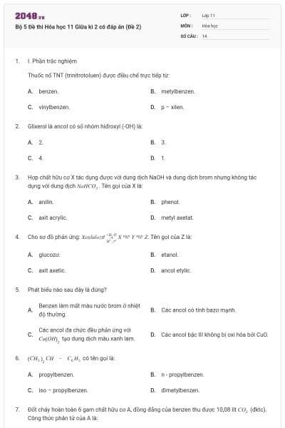 Bộ 5 Đề thi Hóa học 11 Giữa kì 2 có đáp án (Đề 2)
