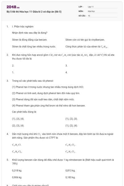 Bộ 5 Đề thi Hóa học 11 Giữa kì 2 có đáp án (Đề 5)