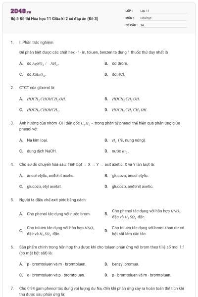 Bộ 5 Đề thi Hóa học 11 Giữa kì 2 có đáp án (Đề 3)