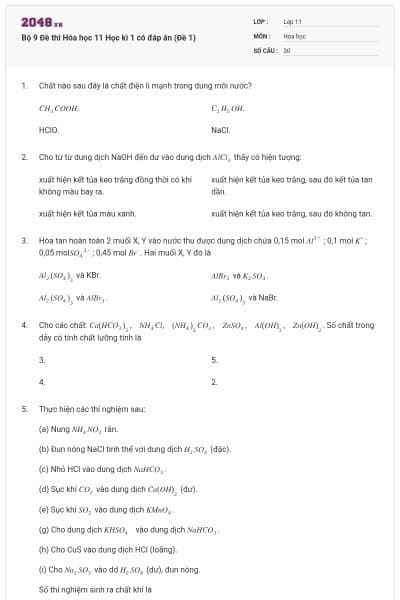 Bộ 9 Đề thi Hóa học 11 Học kì 1 có đáp án (Đề 1)