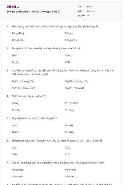 Bộ 9 Đề thi Hóa học 11 Học kì 1 có đáp án (Đề 2)