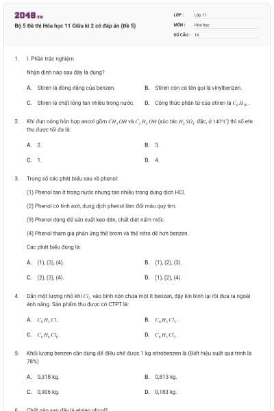 Bộ 5 Đề thi Hóa học 11 Giữa kì 2 có đáp án (Đề 5)