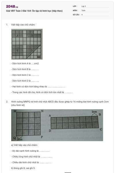 Giải VBT Toán 3 Bài 164: Ôn tập về hình học (tiếp theo)