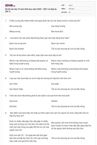 Đề thi vào lớp 10 môn Sinh học năm 2020 - 2021 có đáp án (Đề 1)