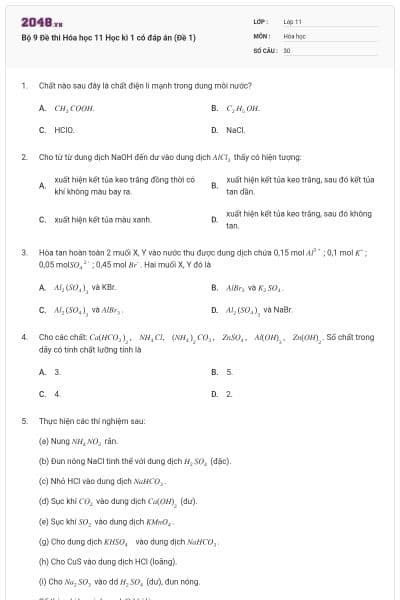 Bộ 9 Đề thi Hóa học 11 Học kì 1 có đáp án (Đề 1)