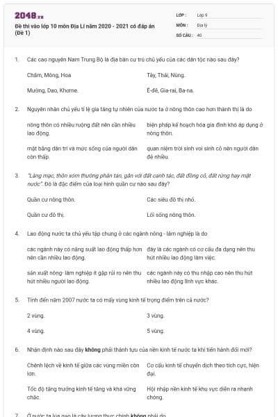 Đề thi vào lớp 10 môn Địa Lí năm 2020 - 2021 có đáp án (Đề 1)