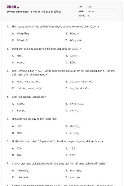 Bộ 9 Đề thi Hóa học 11 Học kì 1 có đáp án (Đề 2)