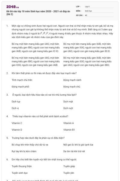 Đề thi vào lớp 10 môn Sinh học năm 2020 - 2021 có đáp án (Đề 2)