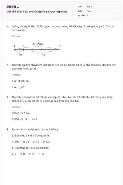 Giải VBT Toán 3 Bài 166: Ôn tập về giải toán (tiếp theo)